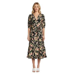 Yumi Kim Simone Dress Medium Floral Black Tiered Midi Boho Wedding Guest Rayon